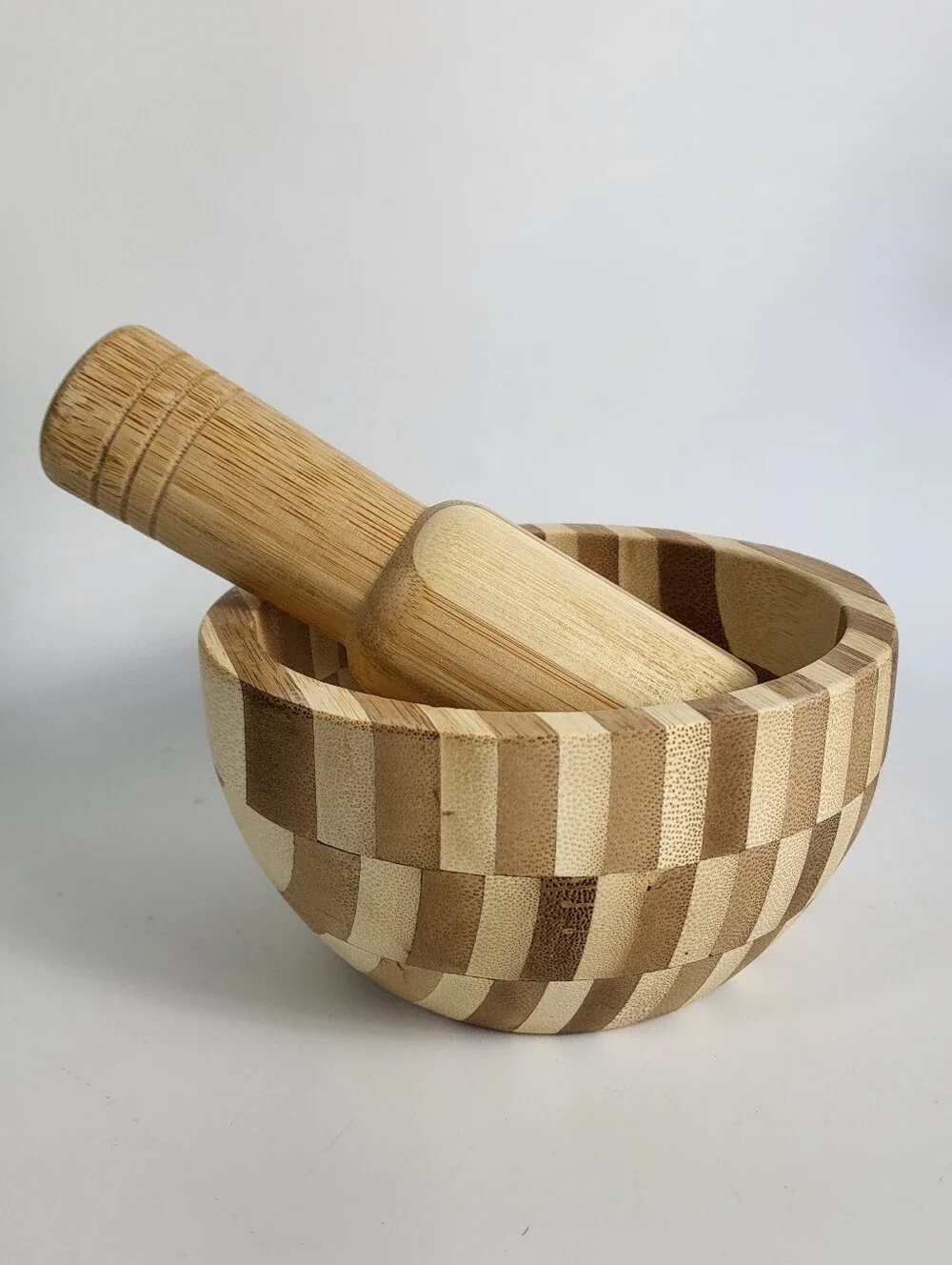 Natural Bamboo Mortar and Pestle - Two-Tone Wood Modern Organic Primitive Art